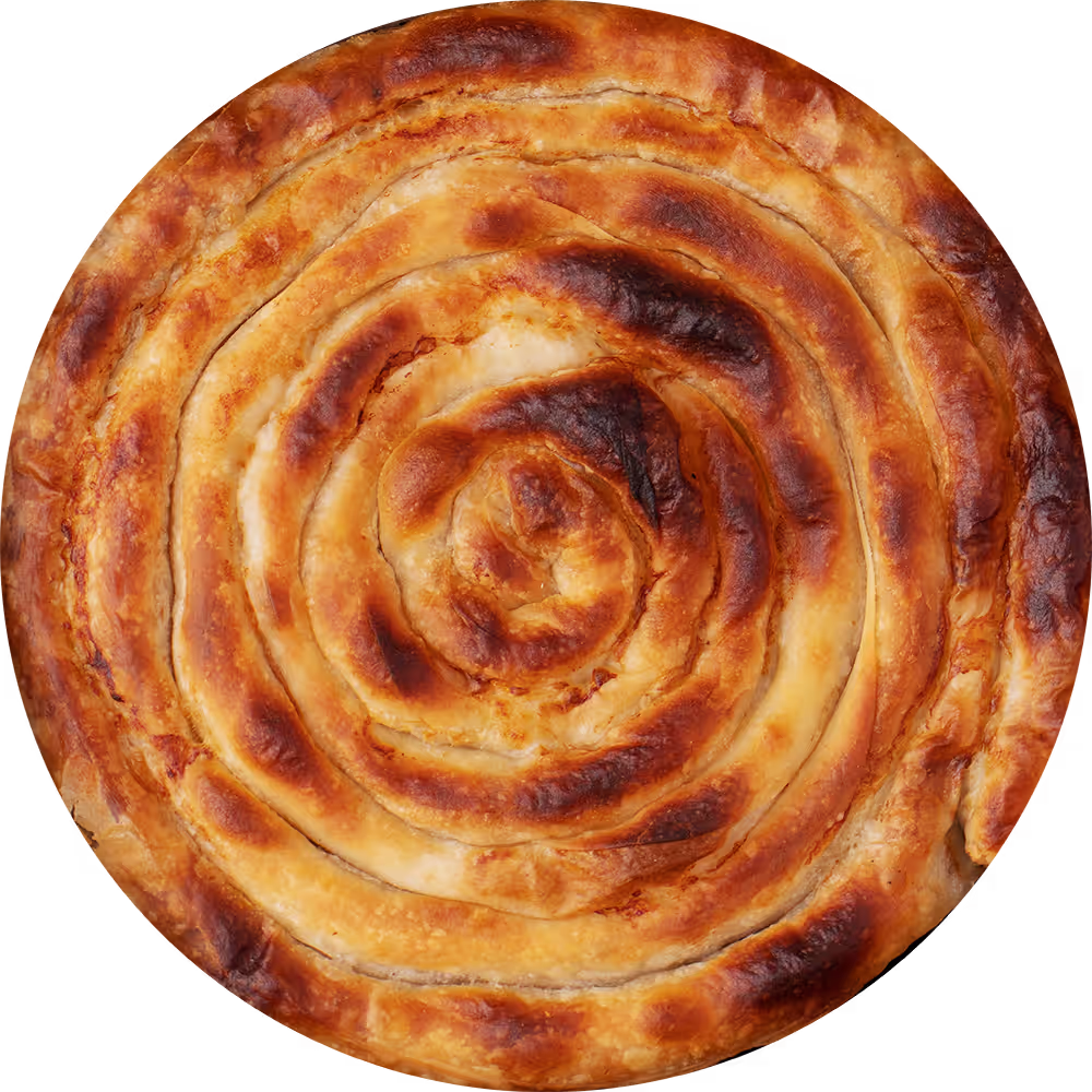 Golden-brown spiral-shaped savory pastry with a crispy crust.