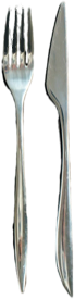 A stainless steel fork and knife placed side by side on a white background.